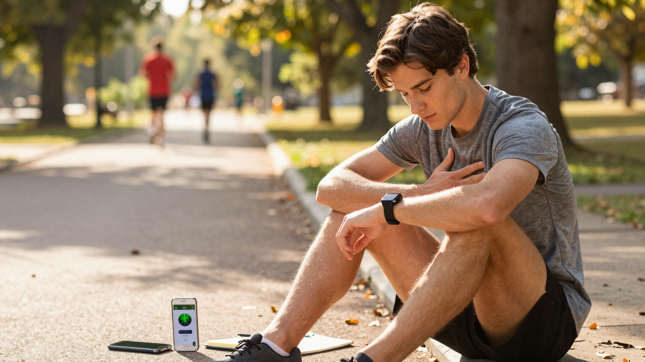 Homem sentado no chão de parque a descansar após corrida, com relógio inteligente e telemóvel no chão.