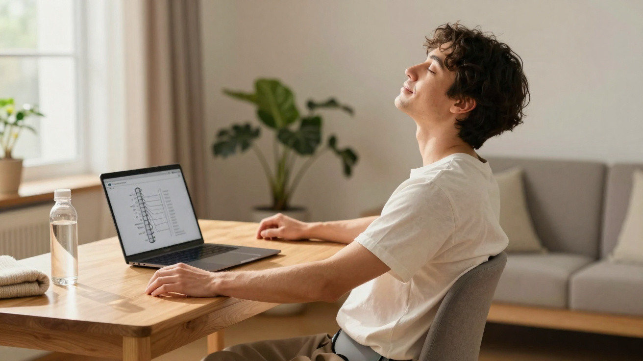 Jovem sentado com laptop numa mesa, a relaxar e inclinar a cabeça para trás num ambiente luminoso.