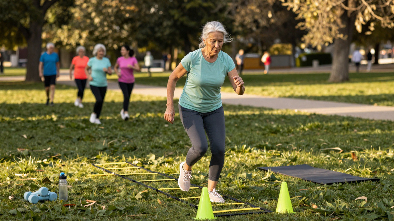 Mulher sénior a fazer exercício de agilidade num parque com outras pessoas a caminhar ao fundo.