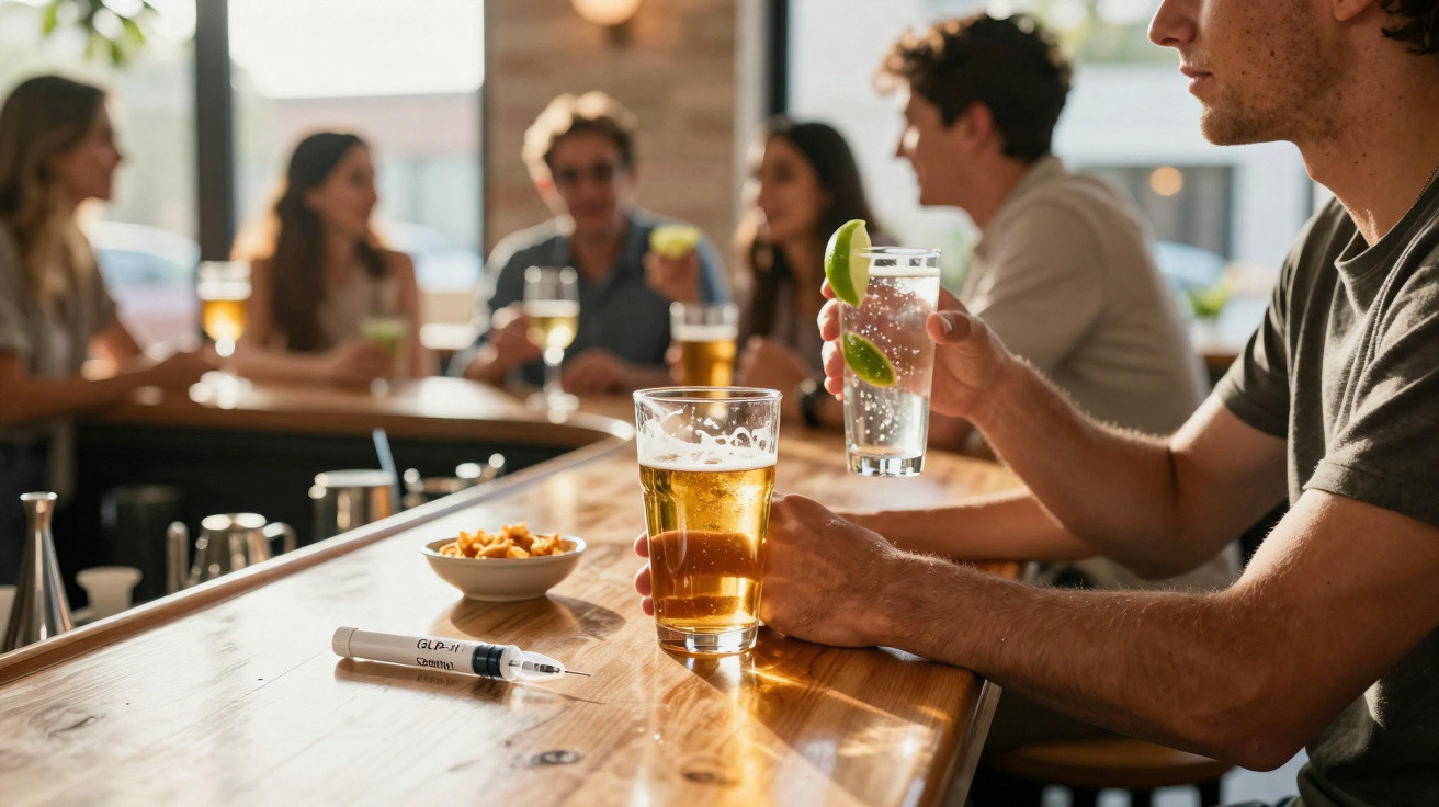 Homem sentado no bar com bebida na mão, insulina e aperitivos sobre a mesa, grupo a conversar ao fundo.