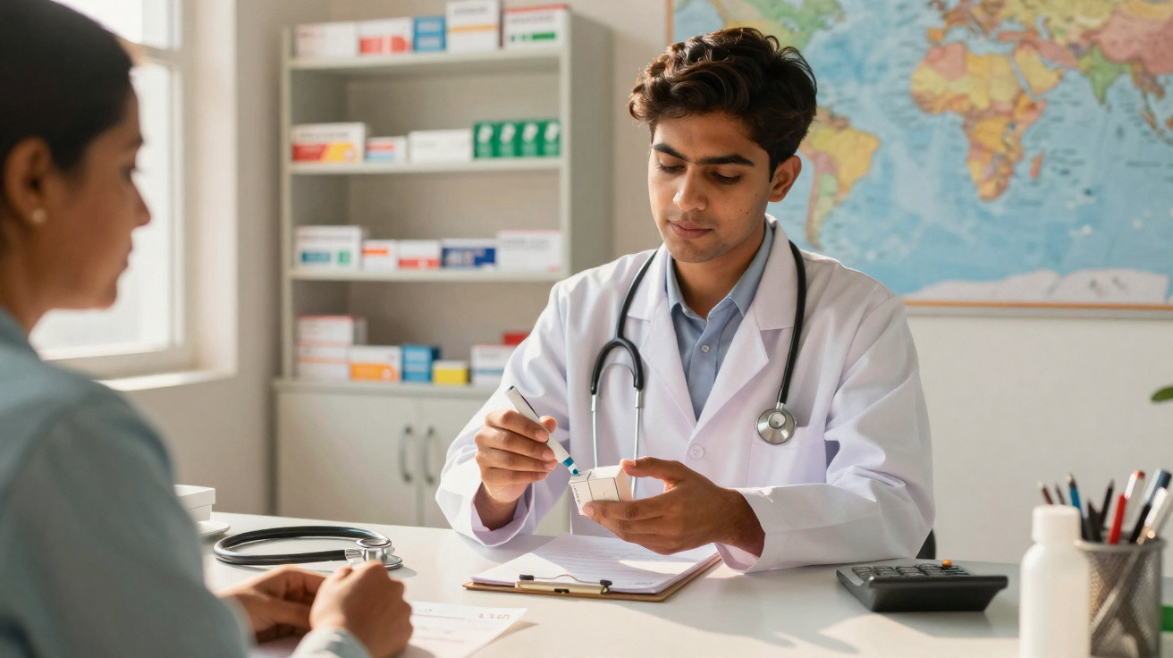 Médico com bata branca a explicar medicamento a paciente num consultório com mapa e estante ao fundo.