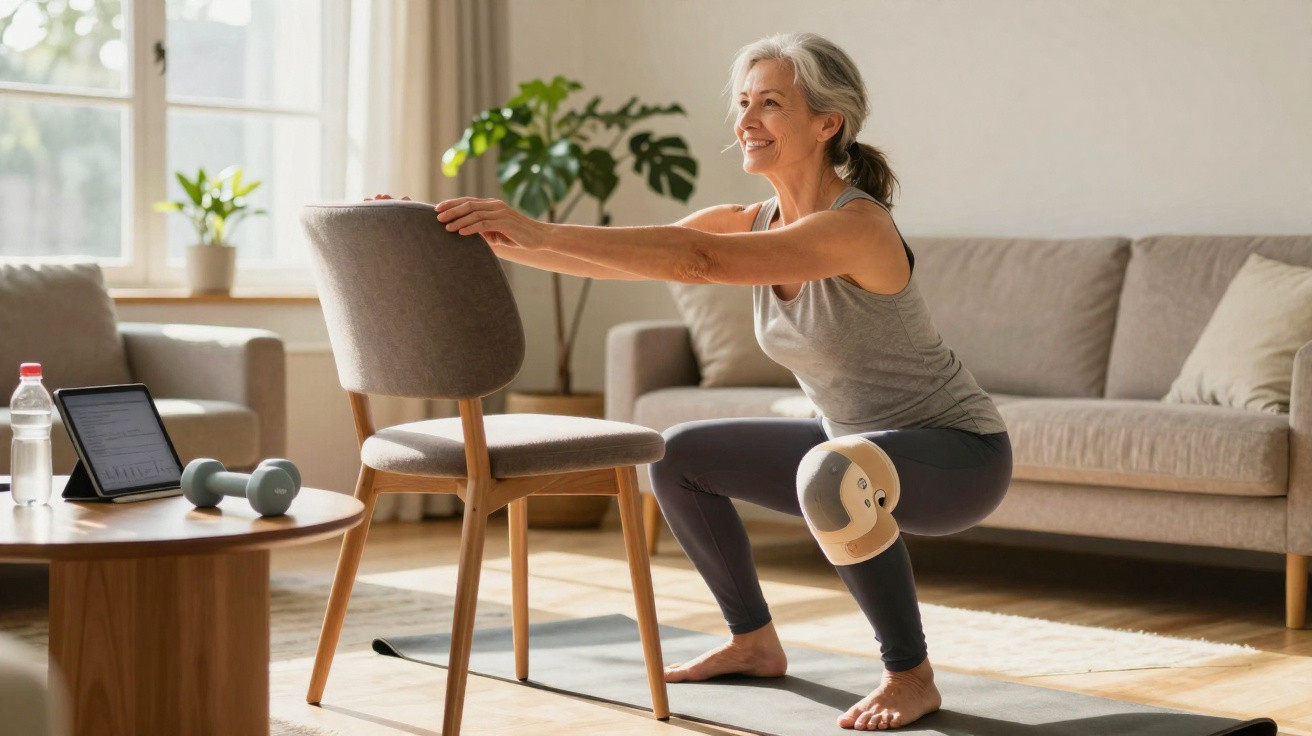 Mulher a fazer exercício com apoio numa cadeira numa sala iluminada, com tapete de yoga e halteres.