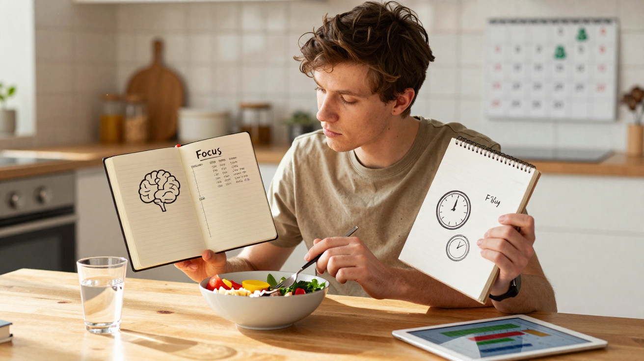 Homem sentado à mesa na cozinha com uma salada, mostrando dois cadernos com desenhos e anotações sobre foco e tempo.