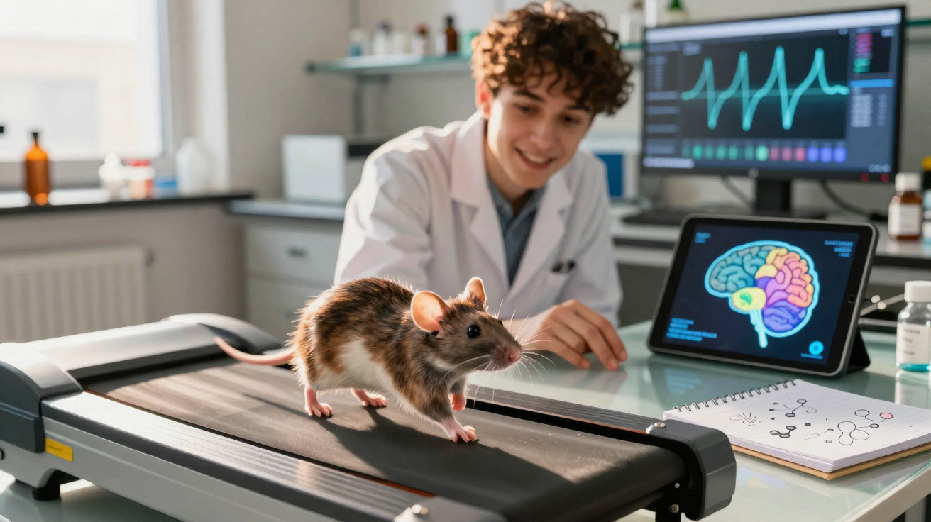 Rato a caminhar numa passadeira rolante em laboratório, com cientista e imagens cerebrais ao fundo.