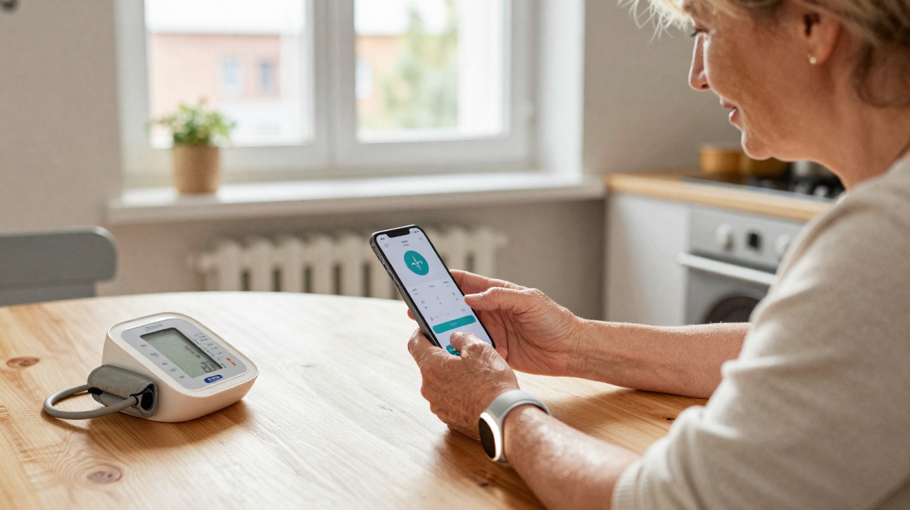 Mulher a usar smartphone para monitorizar a saúde, com monitor de pressão arterial numa mesa de cozinha.