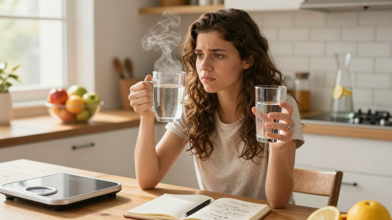 Mulher numa cozinha a decidir entre um copo de água quente e outro de água fria, com expressão pensativa.