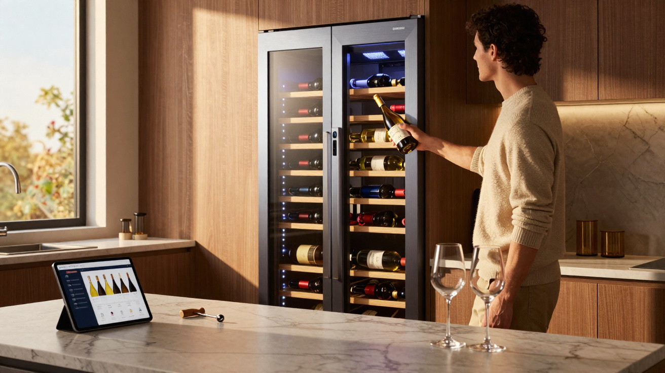 Homem a tirar uma garrafa de vinho de um armário de vinhos moderno numa cozinha iluminada.