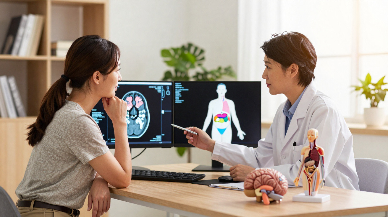 Médica explica resultados de exames cerebrais para paciente numa consulta num consultório moderno.