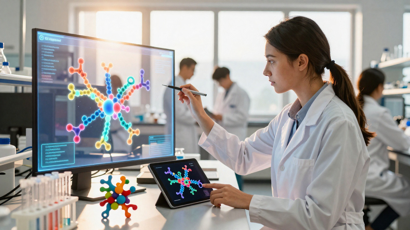 Cientista a analisar modelo molecular colorido num ecrã e tablet num laboratório moderno e iluminado.