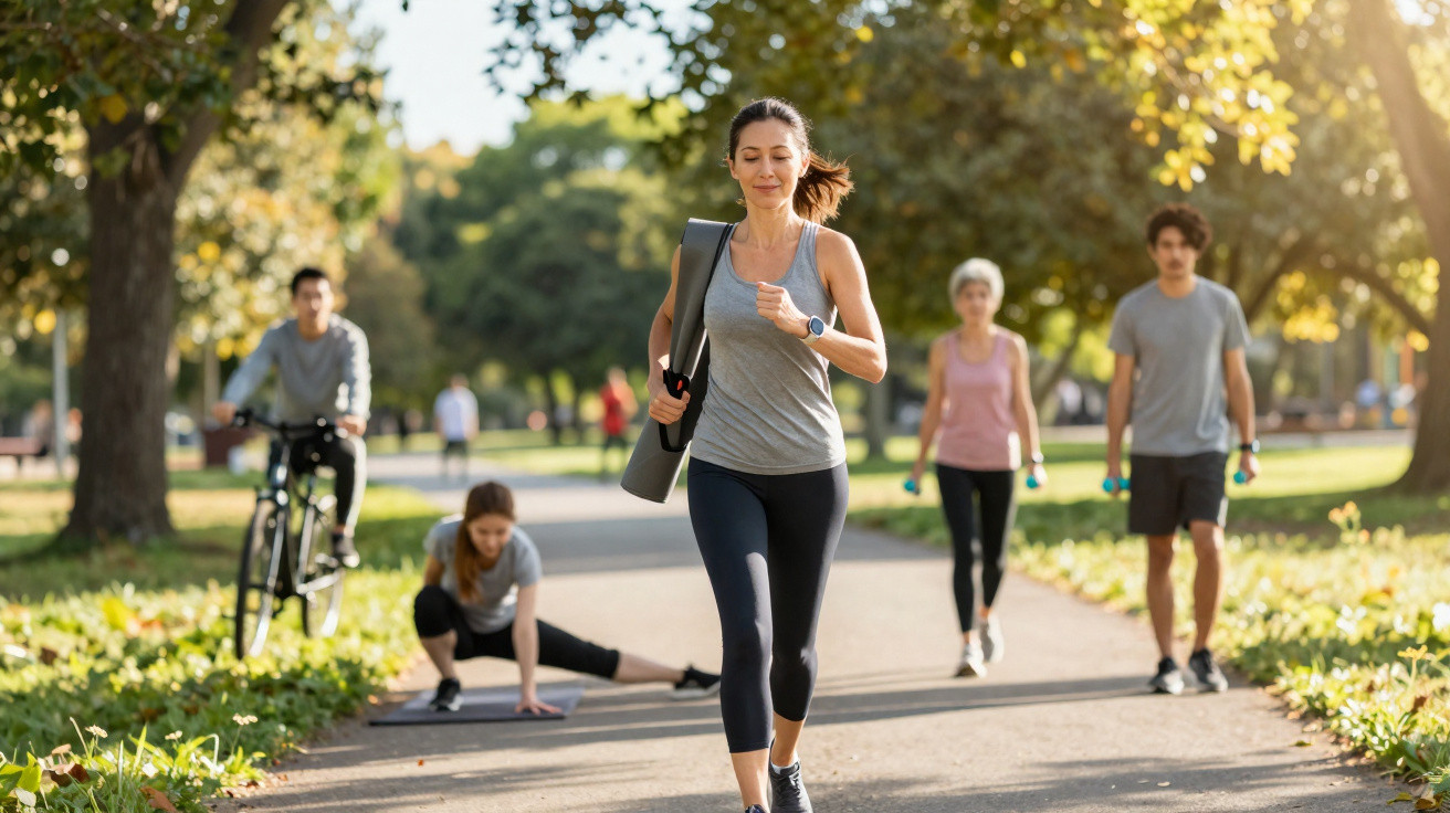 Mulher a correr com tapete de yoga no parque, outras pessoas praticam exercício ao fundo em dia ensolarado.