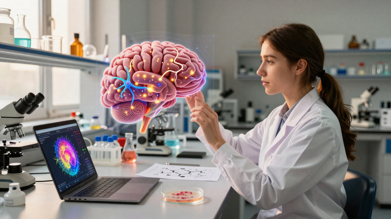 Mulher cientista em laboratório a analisar imagem digital interativa de um cérebro humano.