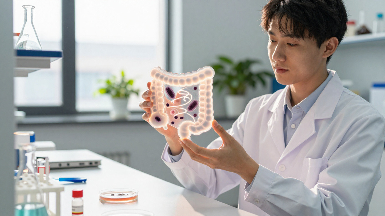 Cientista em laboratório a analisar modelo digital do sistema digestivo humano com bactérias e microrganismos.