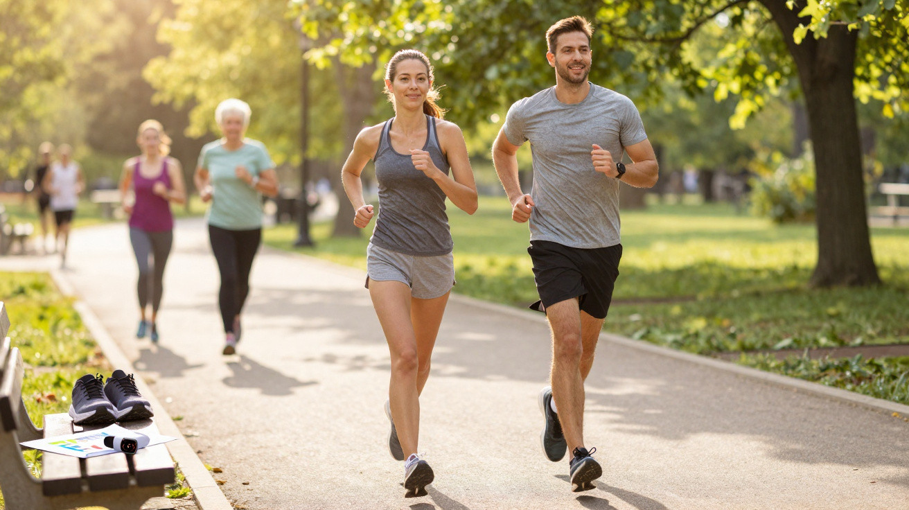 Casal a correr num parque ensolarado enquanto outras pessoas correm ao fundo.