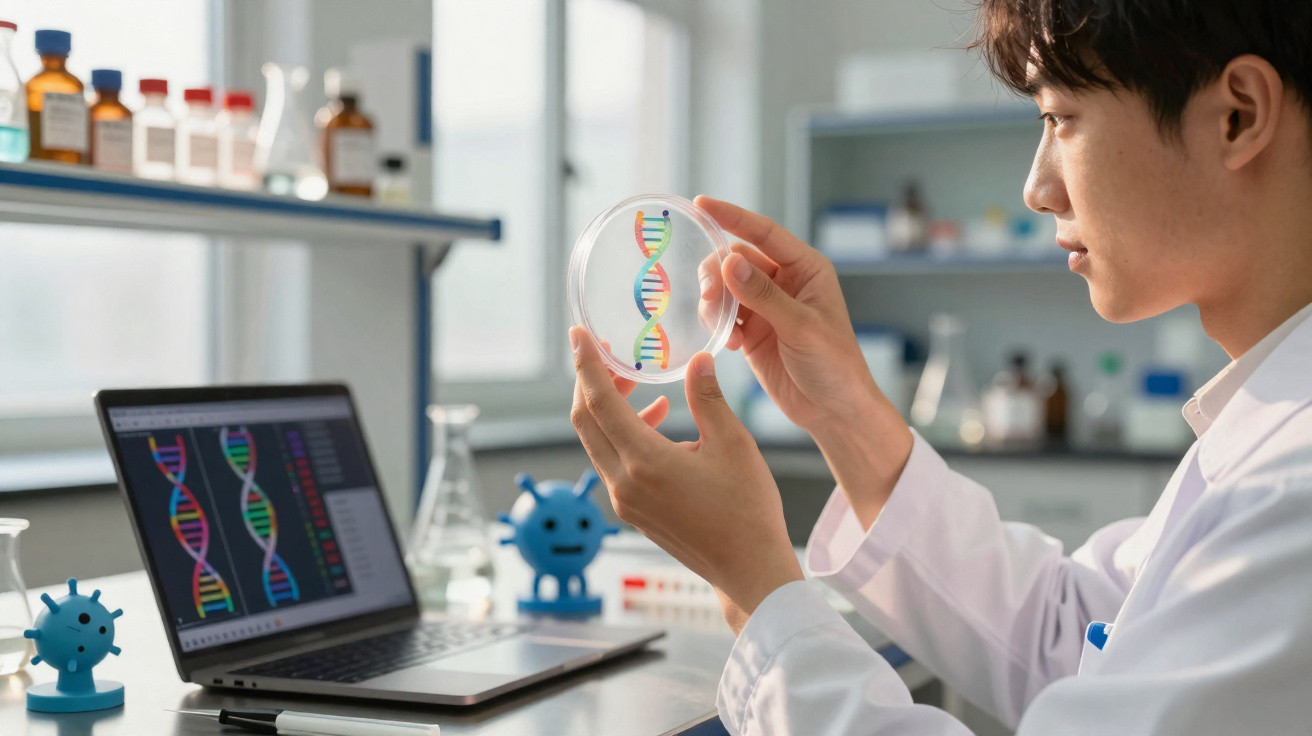 Cientista em laboratório analisa prato de Petri com modelo de DNA colorido, com laptop e amostras ao fundo.