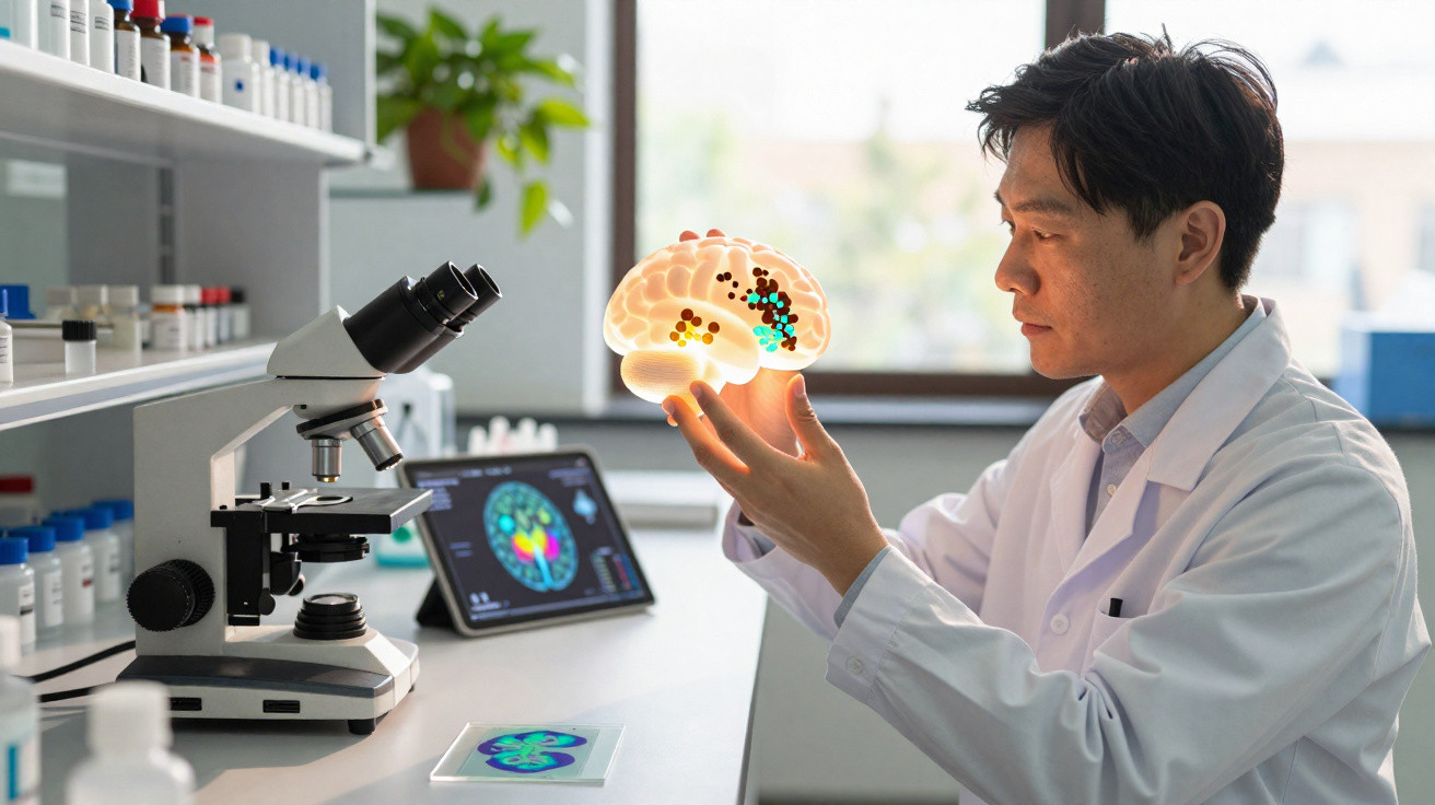 Cientista em laboratório a analisar modelo digital iluminado de cérebro com equipamento científico ao redor.