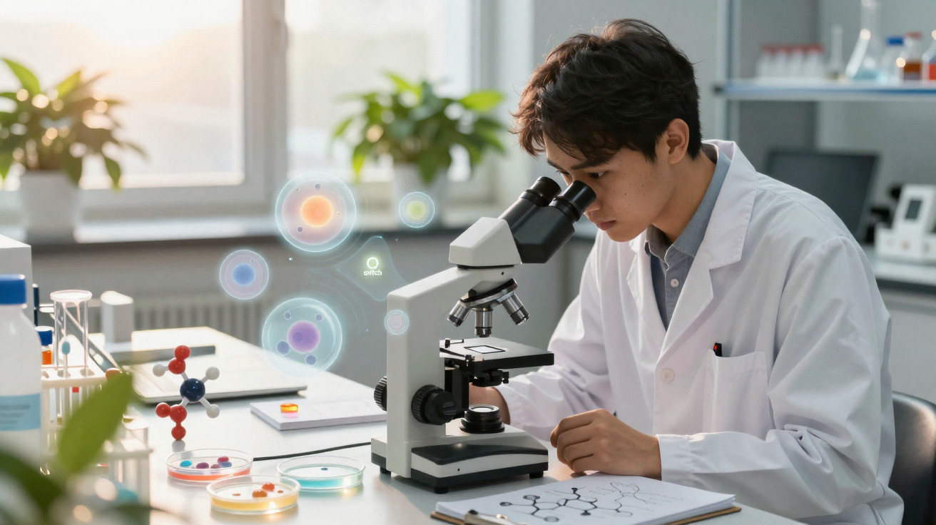 Cientista em bata branca a observar amostras num microscópio num laboratório moderno.