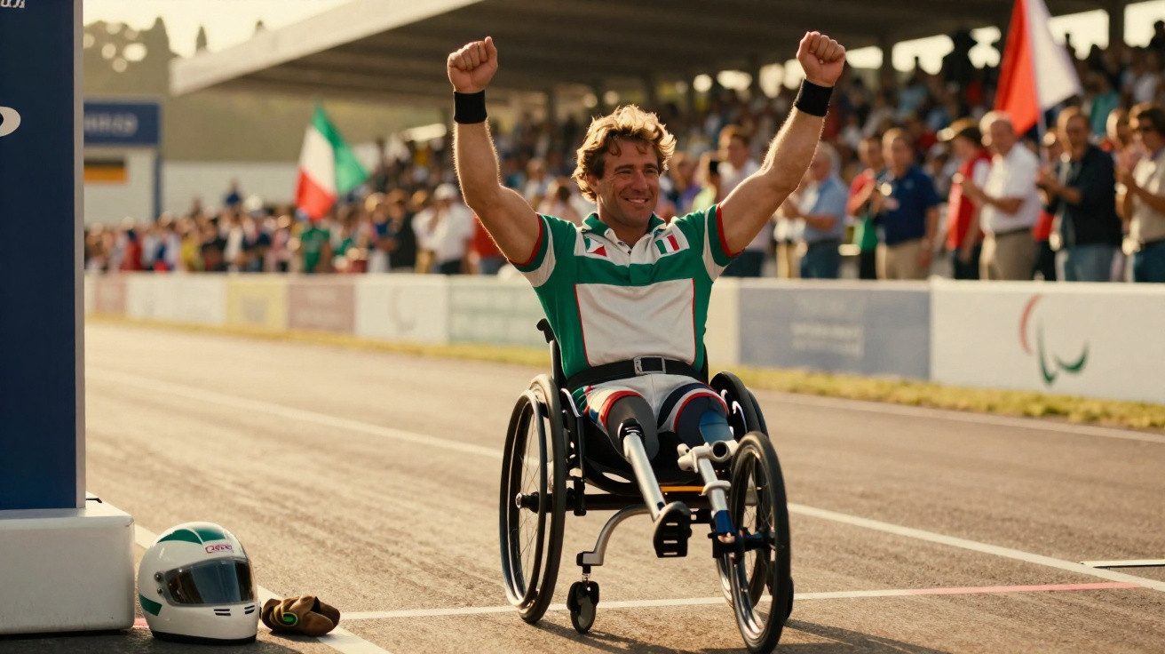 Atleta em cadeiras de rodas celebra vitória numa prova com público e bandeira italiana ao fundo.