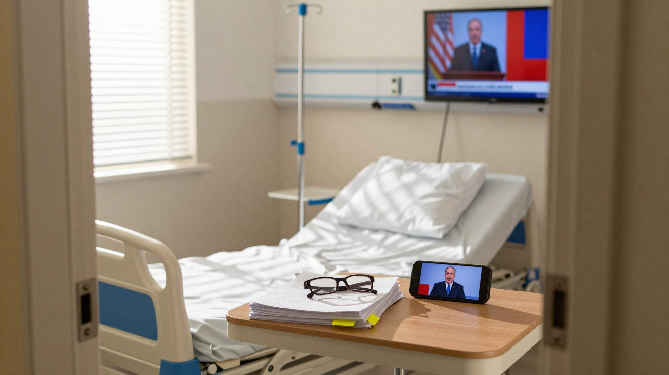 Quarto de hospital com cama vazia, mesa de apoio com óculos, papéis e telemóvel a mostrar uma pessoa em vídeo.