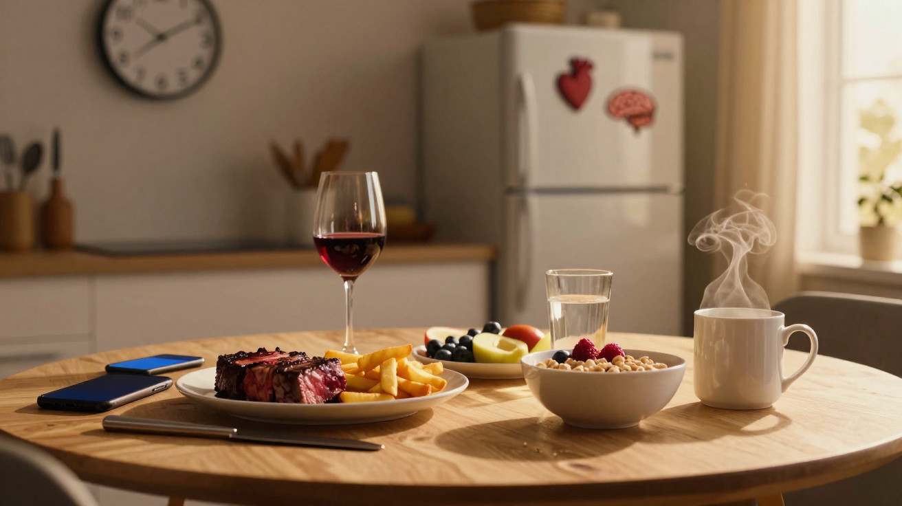 Mesa redonda com refeição composta por bife, batatas fritas, fruta, vinho, água, cereal e café fumegante.