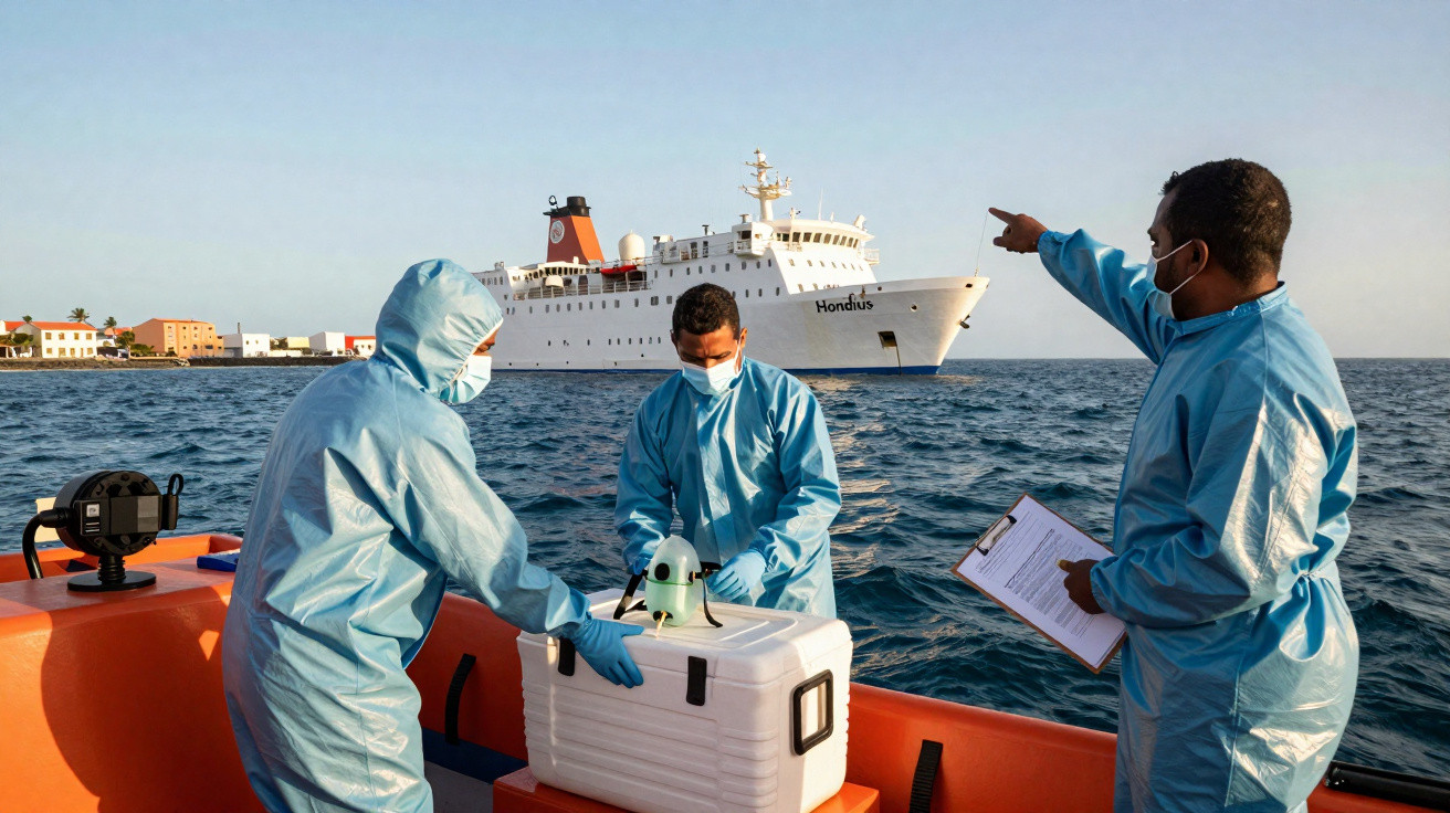 Três profissionais de saúde em fato de proteção azul e máscara num barco, com navio ao fundo.