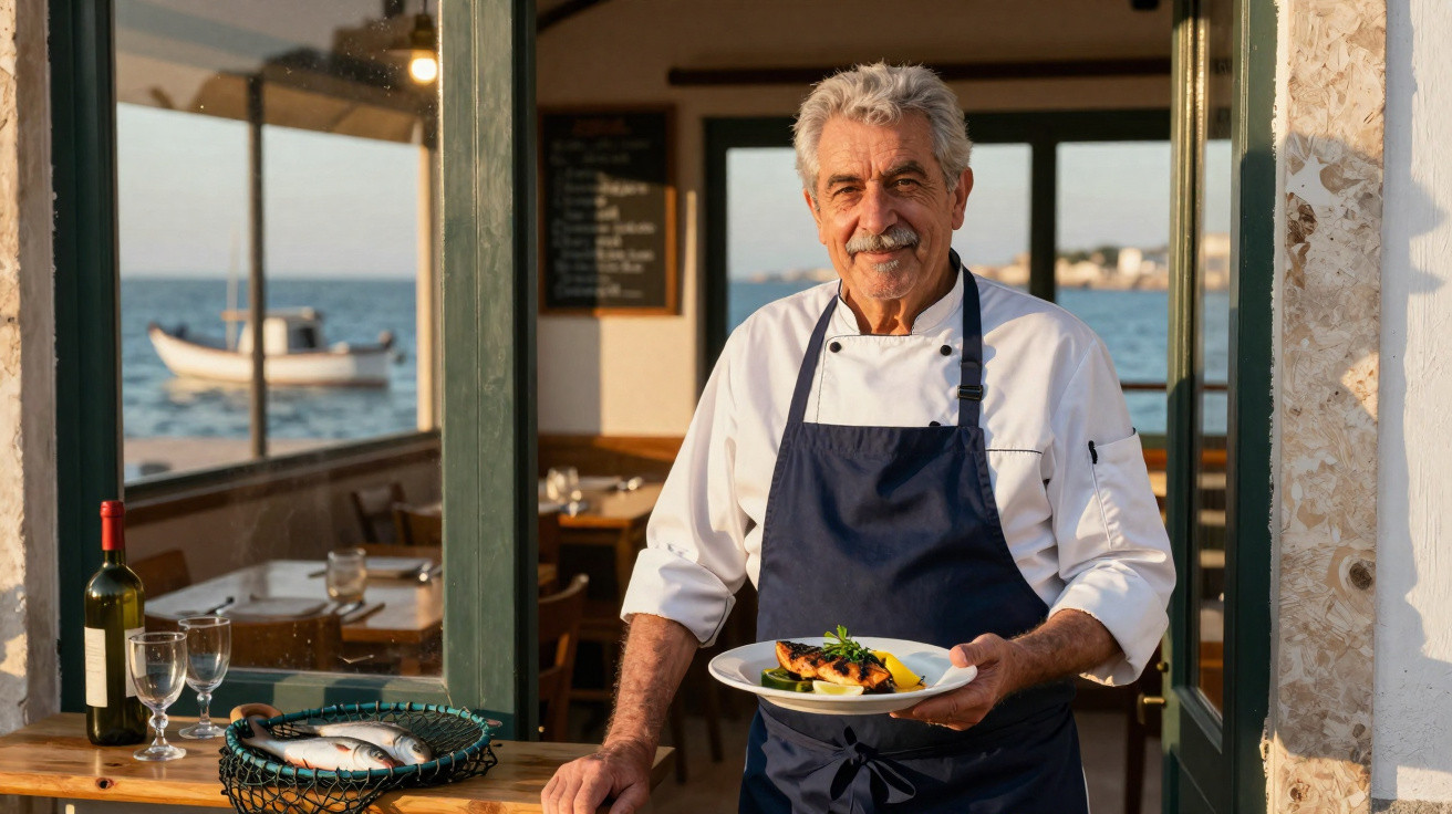 Chef idoso com uniforme azul e branco segura prato com comida num restaurante junto ao mar.