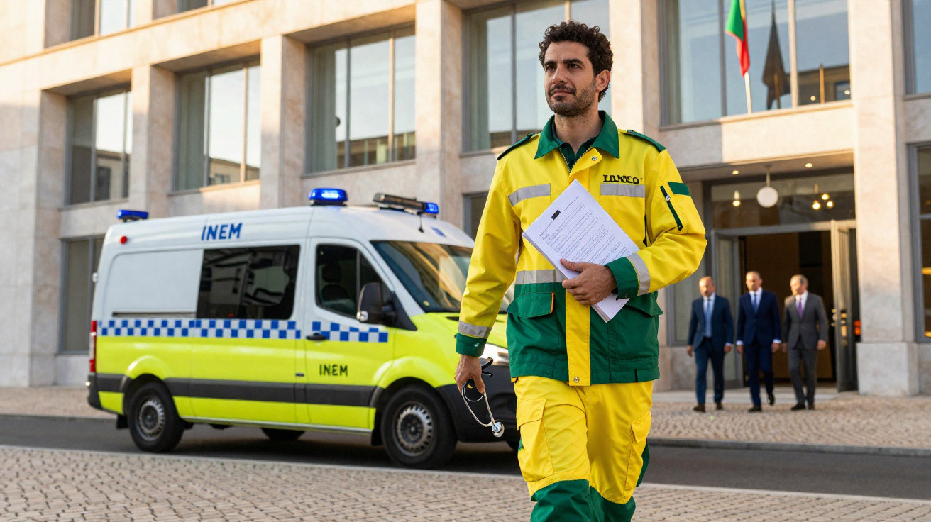Socorrista do INEM com fato amarelo e verde caminha em frente a ambulância e edifício oficial.