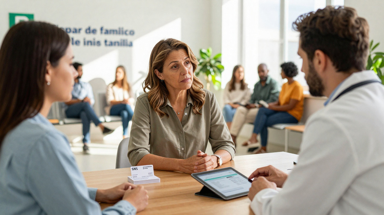 Mulher em consulta médica sentada à mesa com doutor e outra pessoa em ambiente clínico iluminado.