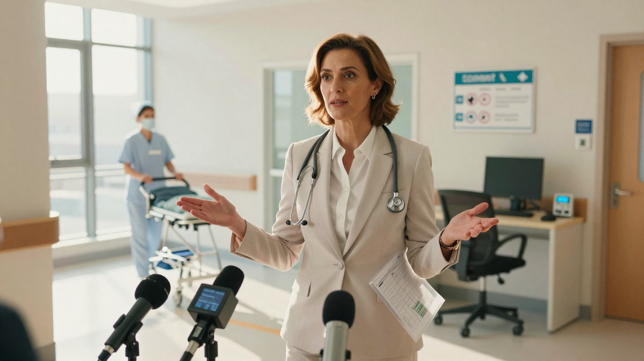Médica a falar para jornalistas num hospital com enfermeiro ao fundo e equipamentos médicos visíveis.