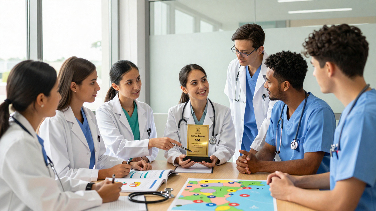 Grupo de jovens médicos reunidos à mesa, discutindo com prémio de excelência numa sala iluminada.