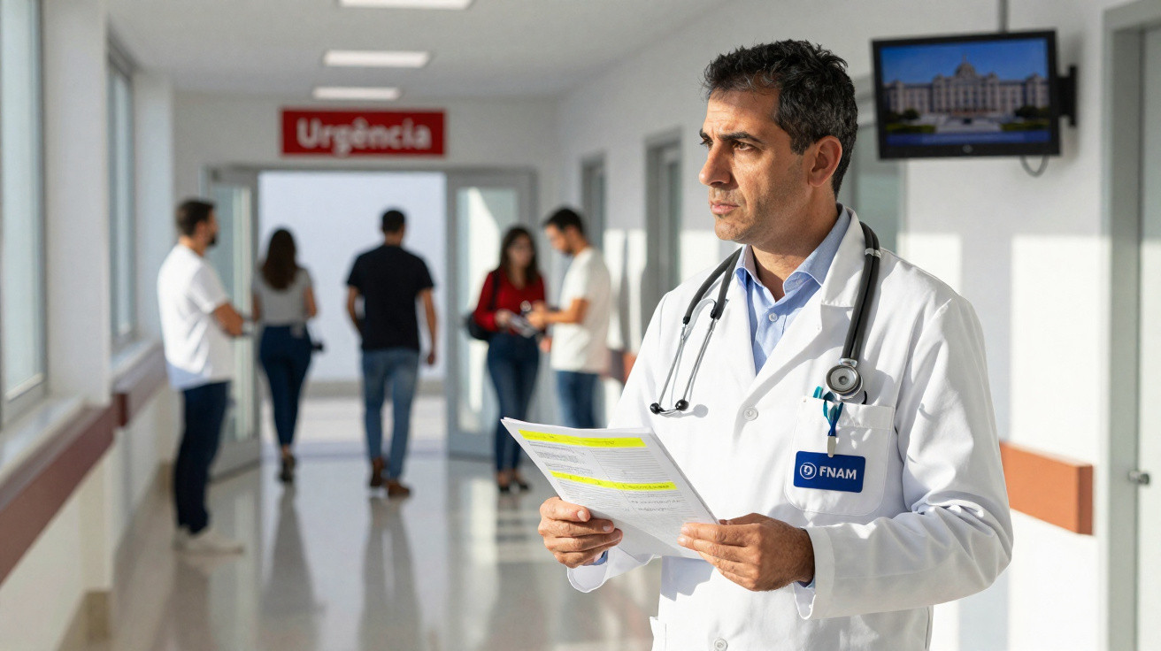 Médico com bata branca e estetoscópio na sala de urgência, segurando papéis, com pessoas ao fundo.
