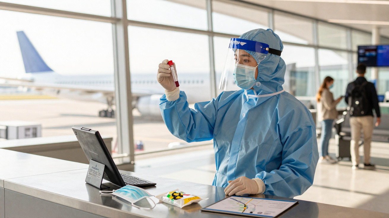 Profissional de saúde com equipamento de proteção abre amostra de teste numa fila de aeroporto.