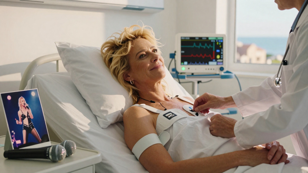 Mulher deitada em cama de hospital com eletrodos puxando-a para um electrocardiograma, sorrindo para médico.