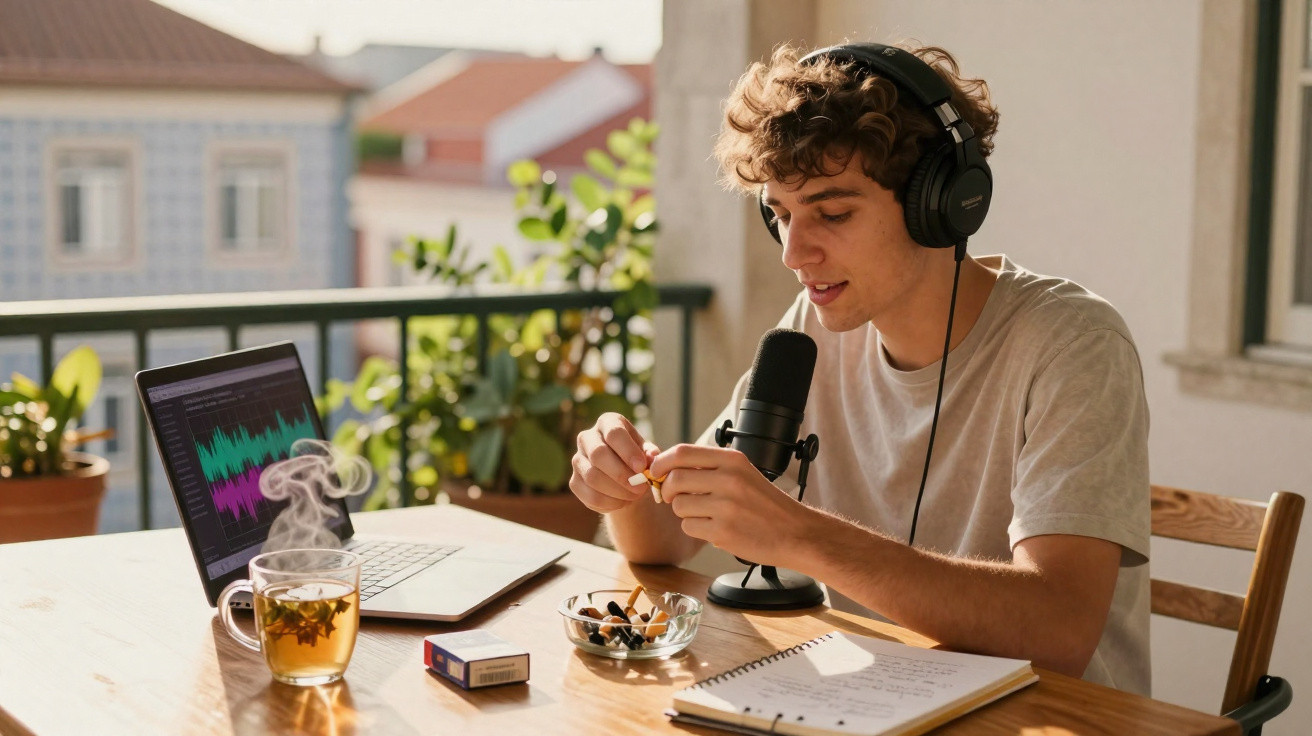 Jovem com auscultadores a gravar com microfone, a fumar e a trabalhar num portátil numa mesa com chá.