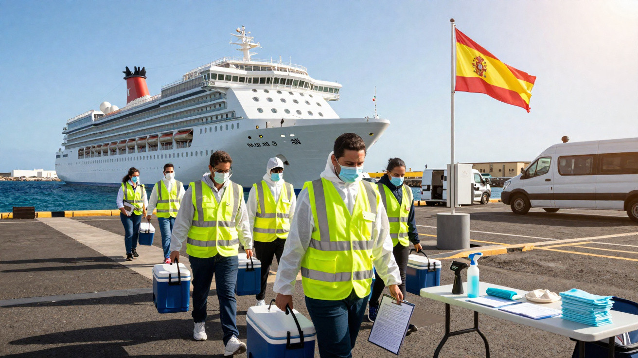 Equipa médica com coletes refletores e máscaras caminha no porto perto de cruzeiro e bandeira de Espanha.