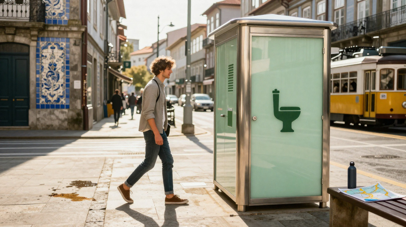 Homem à porta de cabine de casa de banho pública numa rua urbana com elétrico amarelo ao fundo.