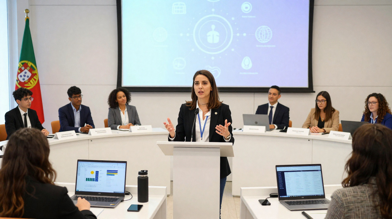 Mulher a falar num pódio durante reunião com várias pessoas sentadas em torno de mesas brancas, com bandeira de Portugal.
