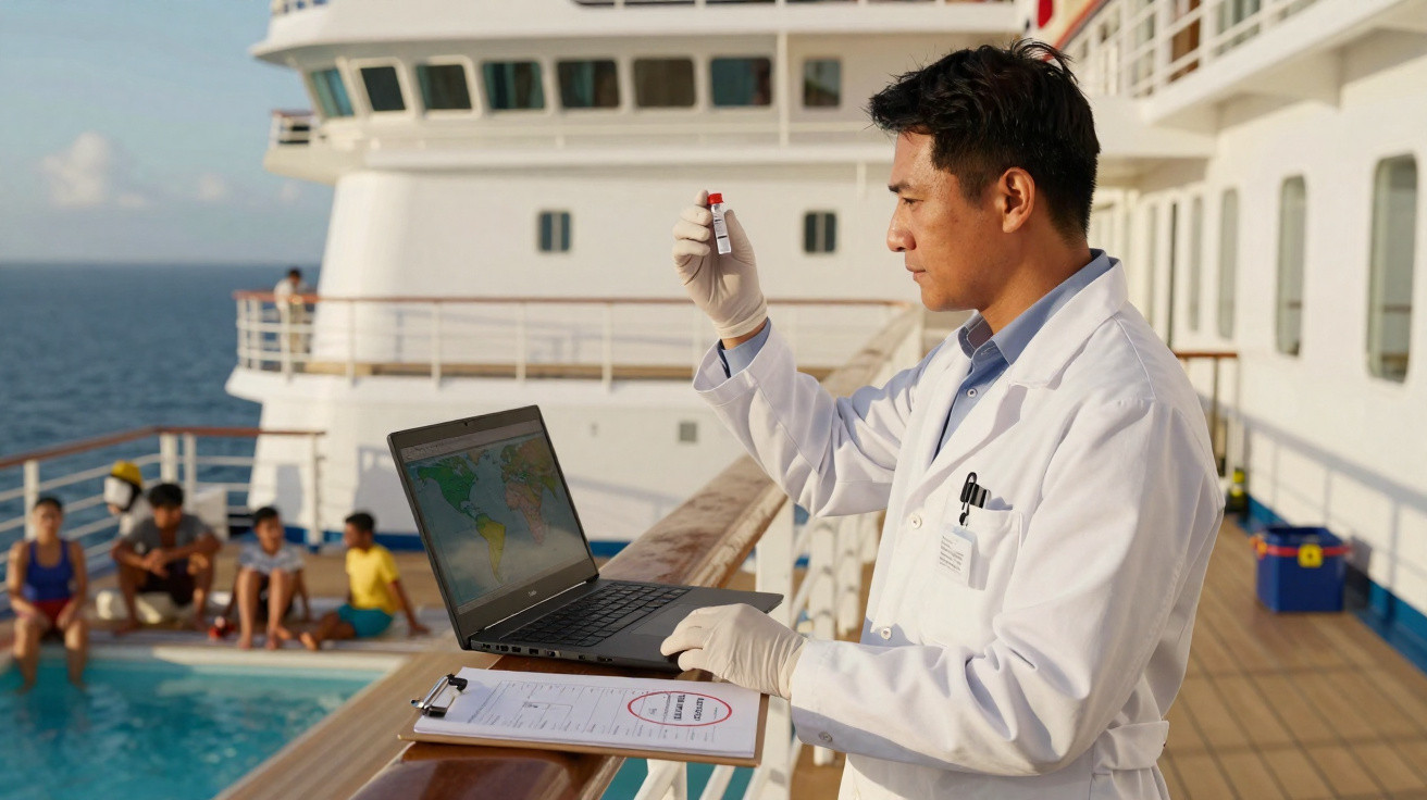 Médico a analisar amostra em frasco num navio cruzeiro com laptop e crianças junto à piscina.