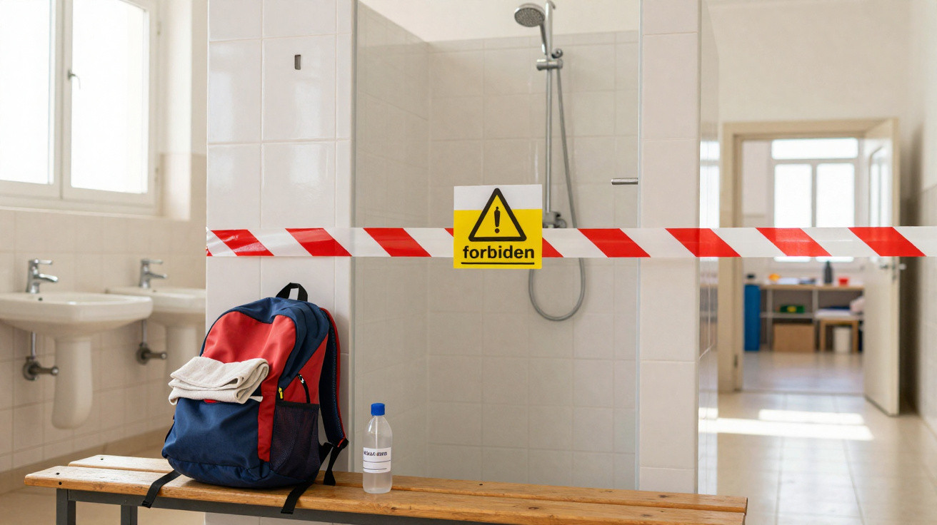 Sanitário com chuveiro interditado por fita vermelha e branca, com mochila e garrafa numa banca à frente.