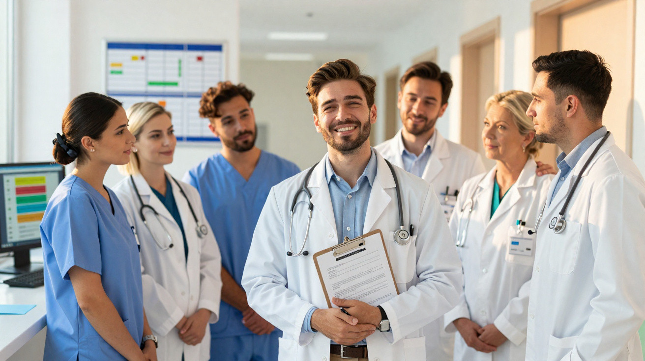 Equipa multidisciplinar de profissionais de saúde em hospital, alguns de bata branca e outros com uniforme azul.