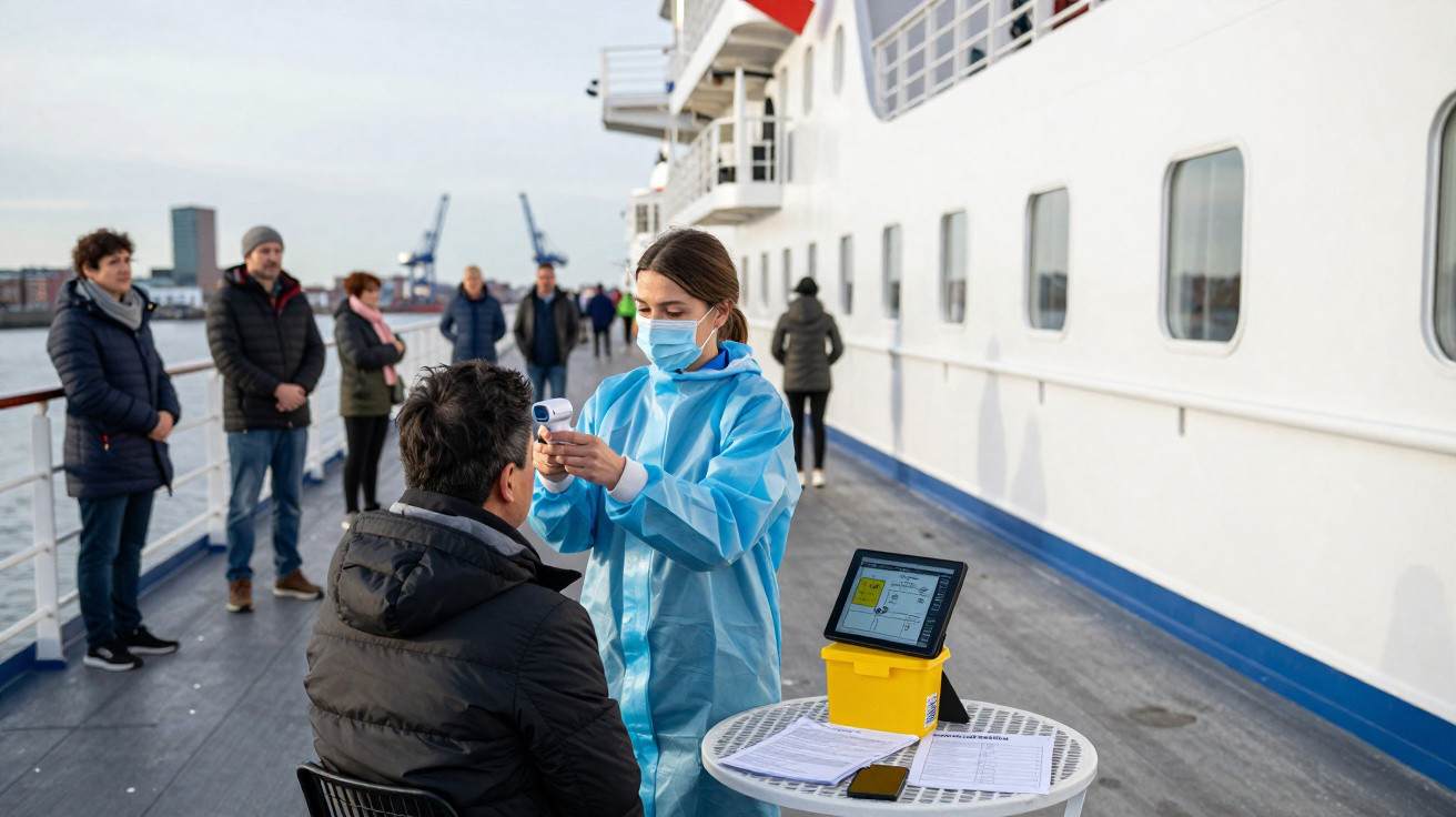 Funcionária de saúde de máscara mede temperatura de passageiro em fila no convés de navio de cruzeiro.
