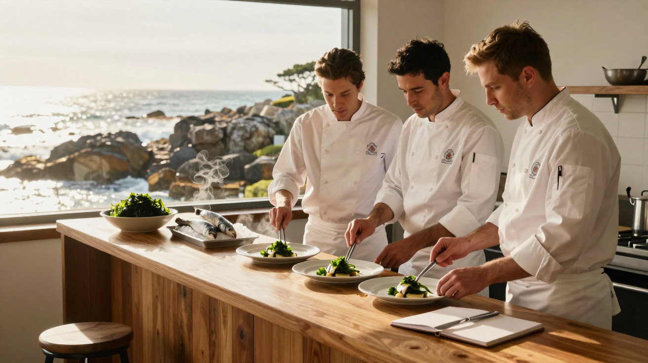 Três chefs a preparar pratos de peixe e legumes numa cozinha com vista para o mar e rochas.