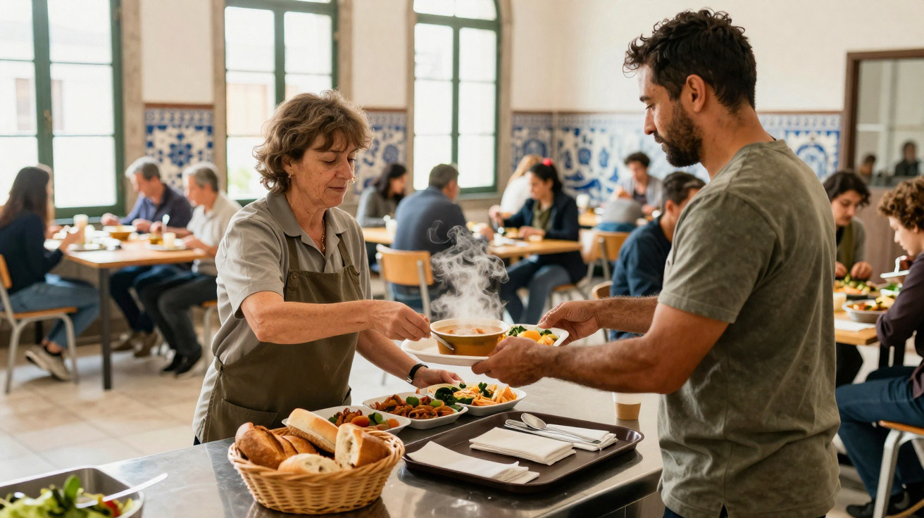 Voluntária serve sopa a homem numa cantina comunitária com várias pessoas a comer ao fundo.