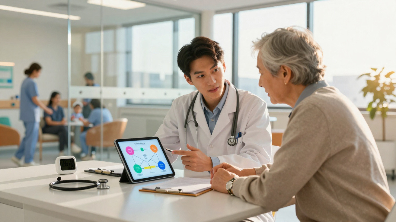 Médico explica análise médica em tablet para paciente idosa numa consulta num centro de saúde.
