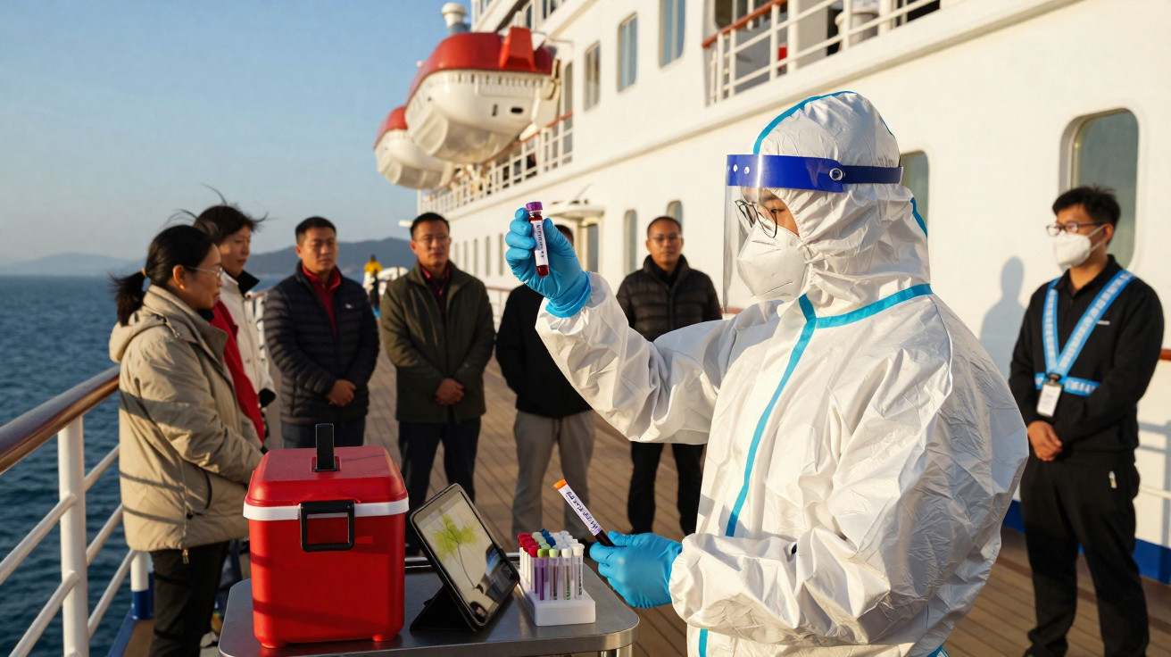 Profissional de saúde em fato de proteção a examinar amostras de teste numa doca de navio com várias pessoas ao fundo.
