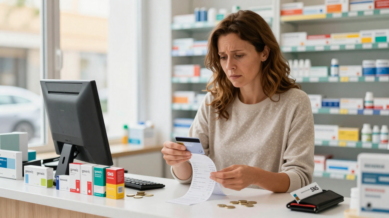 Mulher preocupada a analisar um recibo e cartão numa farmácia com medicamentos nas prateleiras ao fundo.