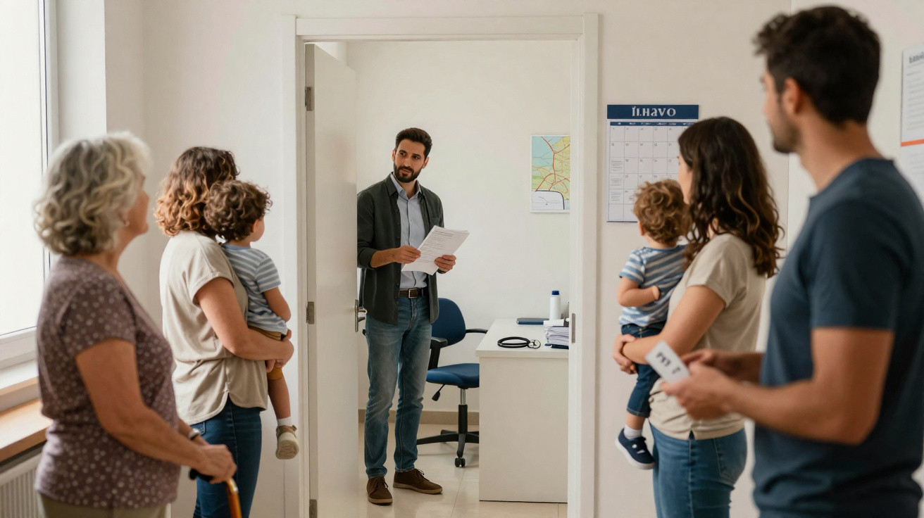 Famílias aguardam na sala de espera para consulta com médico numa clínica ou hospital.