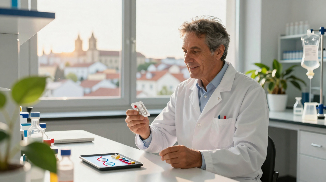 Cientista com bata branca a segurar medicamento sentado numa bancada de laboratório iluminada pela luz natural.