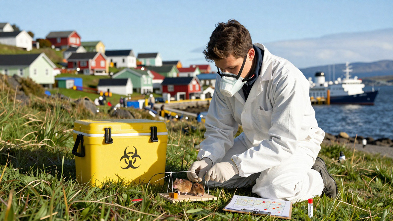 Cientista com equipamento de proteção coleta amostra de rato em área costeira com casas coloridas ao fundo.
