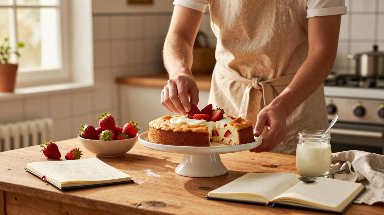 Pessoa a decorar bolo de morango na cozinha com caderno de receitas aberto e taça de morangos.