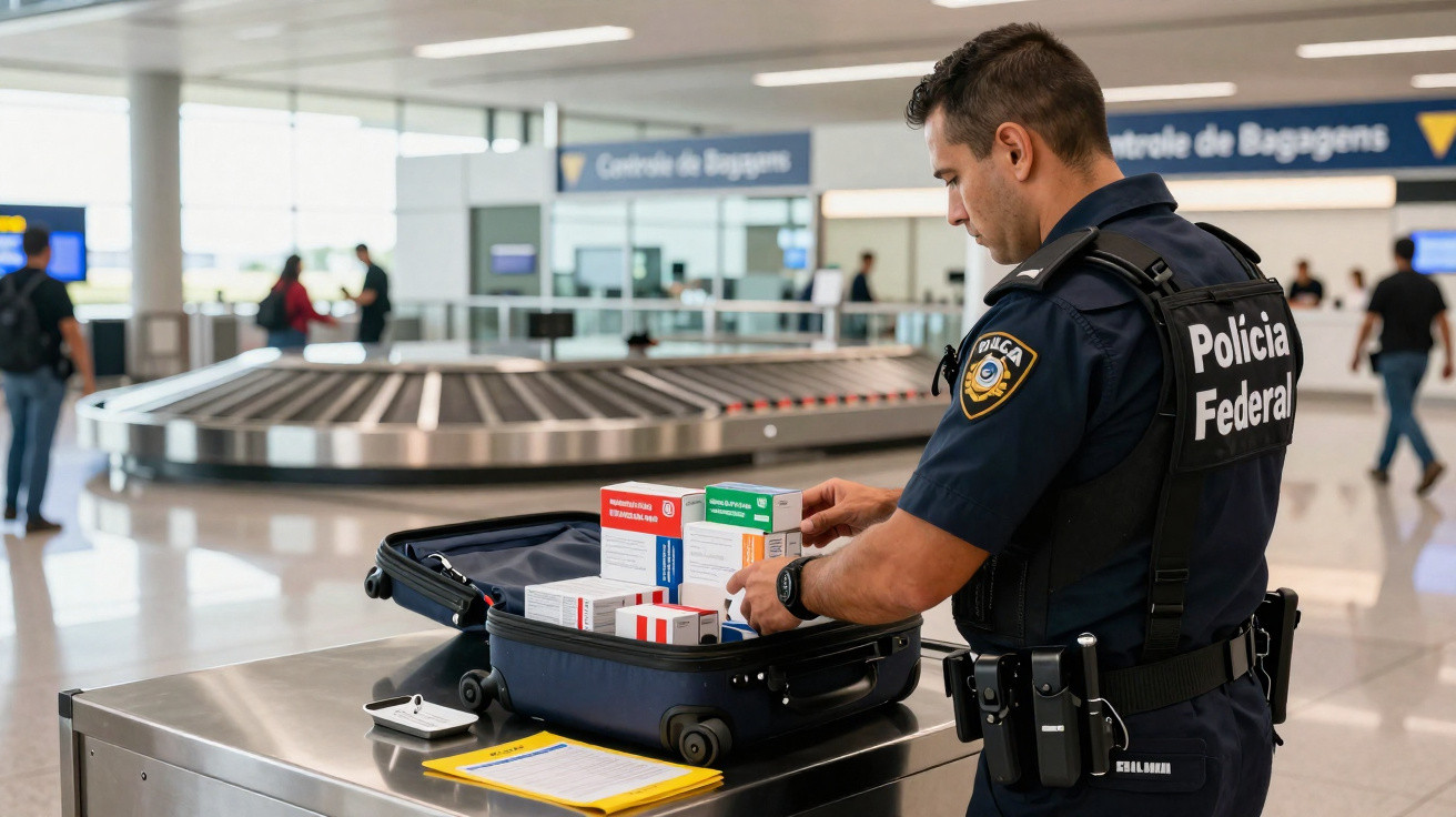 Polícia Federal revistando mala com caixas de medicamentos num controlo de bagagens de aeroporto.